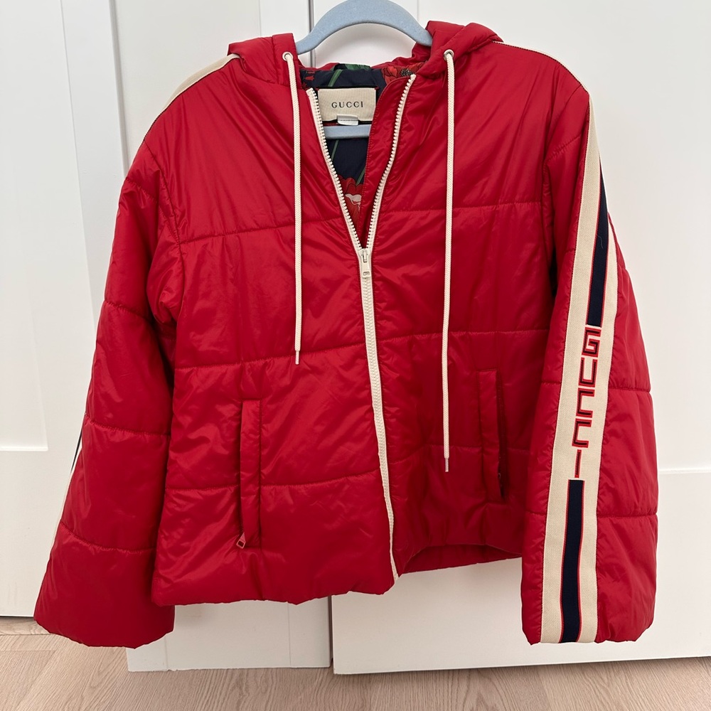 Gucci Red Puffer Jacket with Stripe Detail